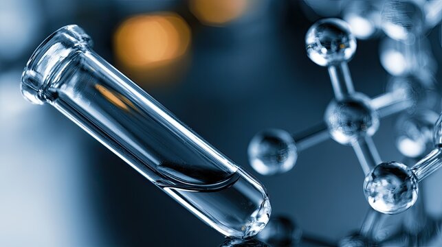 Clean test tube with liquid next to a detailed molecule structure