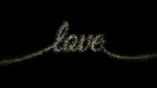 Glowing sparkling heart shaped fireworks exploding in night sky with love text
