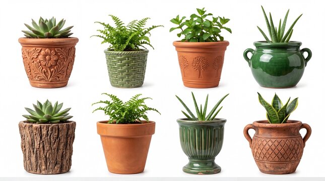 Various beautiful green indoor house plants growing inside different decorative ceramic pots on white background