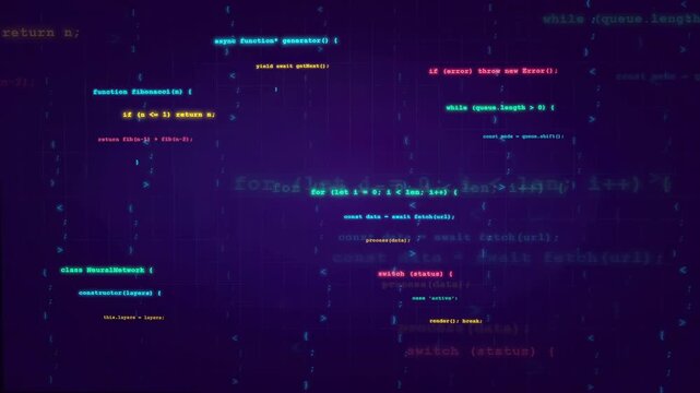 Digital screen displaying scrolling computer code with blue and purple neon lighting effects