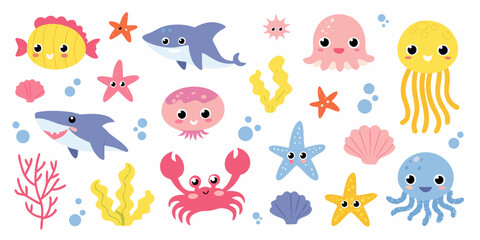 Colorful Marine Life Vector Illustration With Cartoon Style Elements © Prosanta