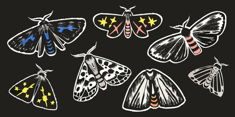 Moth Illustrations Collection Hand Drawn Vector Style On Black Background © Prosanta