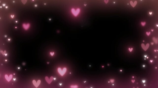 Glowing heart shapes float amidst pink and white sparkles on a dark background with love symbols
