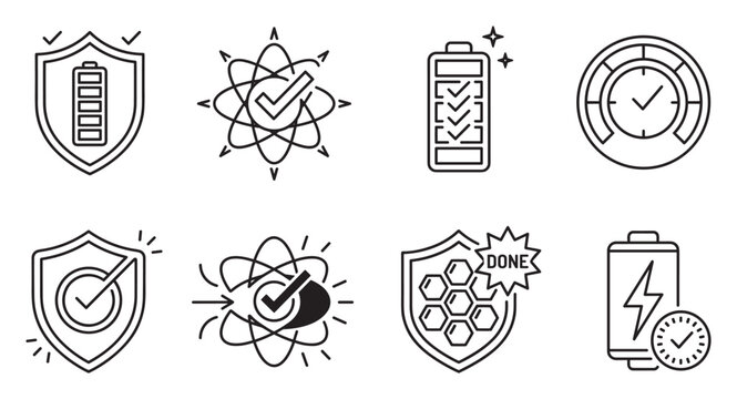 Battery and shield icons schematic set for power, charge, and security concepts.