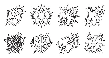Fototapeta premium Broken shield icons illustrating defense failure and impact damage from attacks.