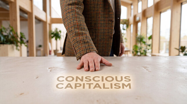 Business professional stepping on word concept. Corporate leader demonstrating ethical capitalism values in Corporate ethics and sustainability adv...
