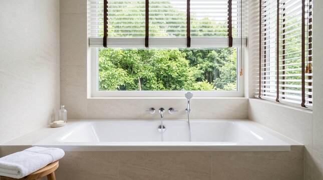 Serene Modern Bathroom Featuring a Deep Bathtub and Lush Green Nature View Through Blinds