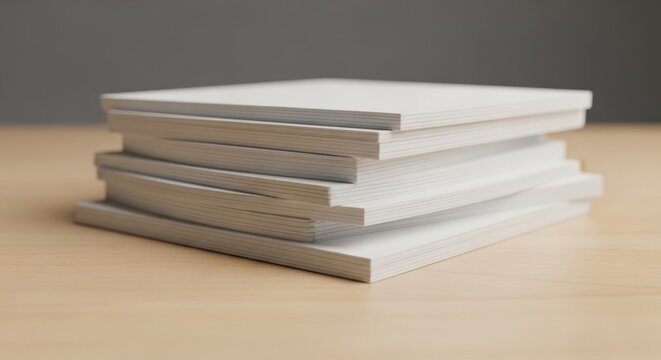 Stack of blank white square booklets or brochures resting on a light wooden surface against a neutral gray background, featuring soft shadows and shallow depth of field.