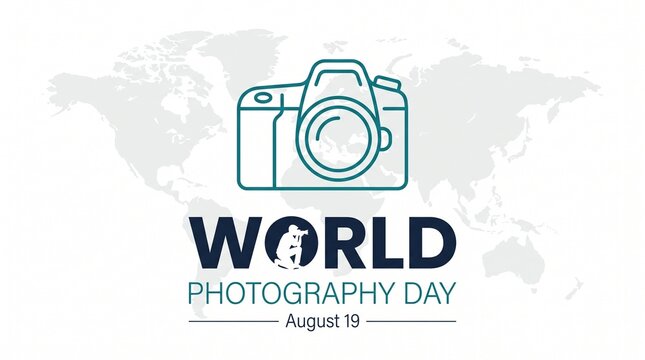 World photography day poster with camera icon silhouette and world map background design photography celebration creative professional technology business photographer