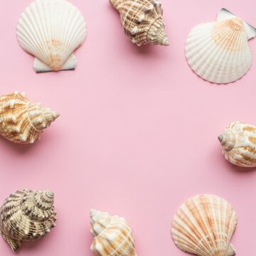 Flat lay composition of diverse natural seashells including white scallop pectens and brown spiral gastropods arranged in a circular frame on a solid pink surface with central copy space.