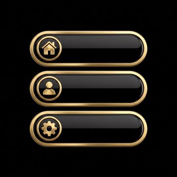 Glossy black horizontal web menu buttons with gold metallic borders and icons for website navigation