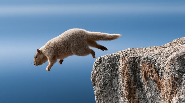 A wild animal leaps off a rocky ledge into the unknown below.