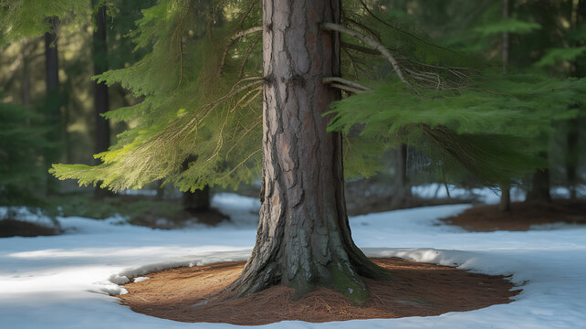 Snow-covered forest scene with a large tree trunk and surrounding evergreen foliage