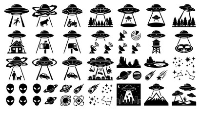 Sci-fi UFO spaceship alien abduction black silhouette icon vector mega bundle featuring flying saucers beaming light rays planets stars and extraterrestrial heads for mystery designs. © MdIbrahimIslam