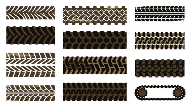 Collection of diverse industrial machinery tire tread pattern and heavy vehicle track imprint isolated on a plain white background for construction and transport design graphic.