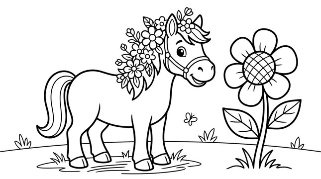 Pretty pony with flower crown and bridle near big flower.