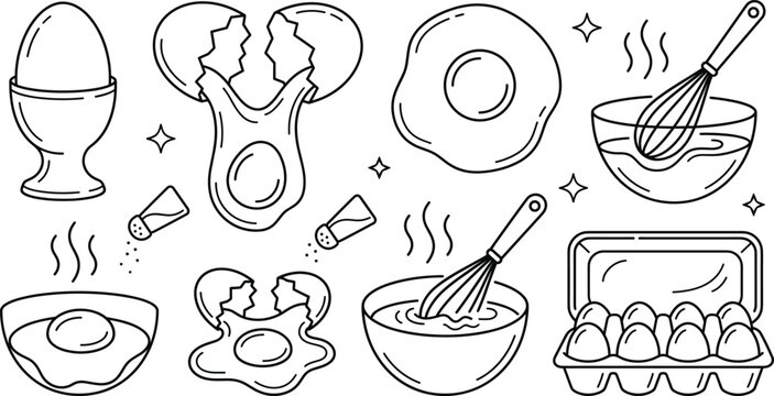 Cooking eggs vector line art icon set featuring broken eggshell fried yolk carton box whisk and mixing bowls