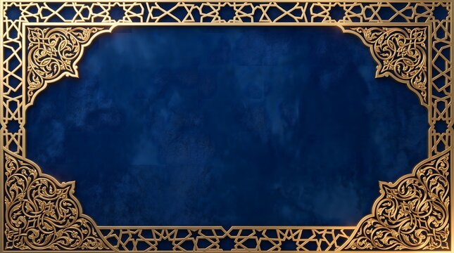 Islamic gold frame with intricate geometric patterns, elegant blue textured background for Ramadan and Eid, ornate golden border with arabesque design