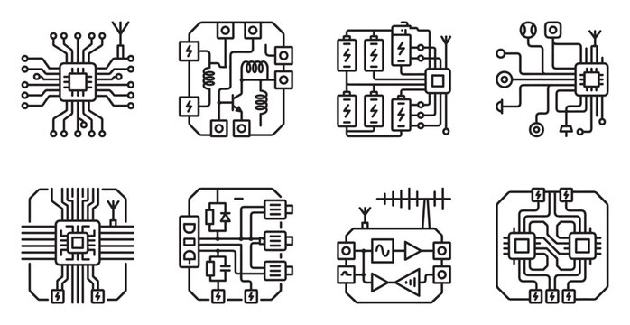 Electronic circuit board components, microchip and processor icons, technology.