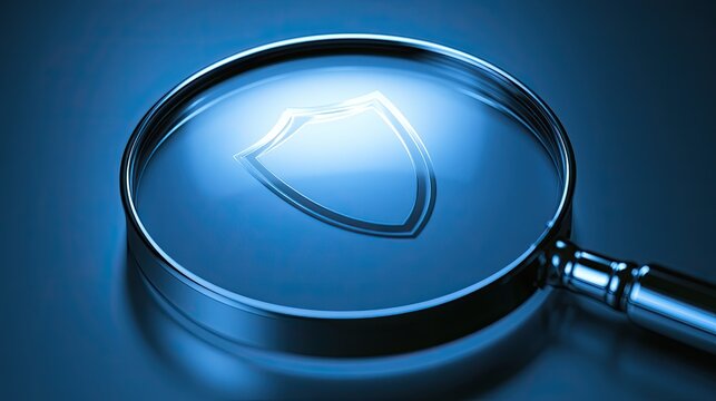 Magnifying glass focuses on a glowing shield icon, symbolizing protection