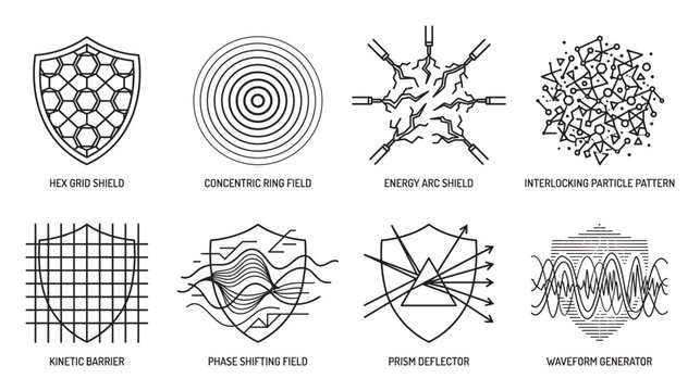 Energy shield types hexagonal kinetic prism wave and particle pattern protection.