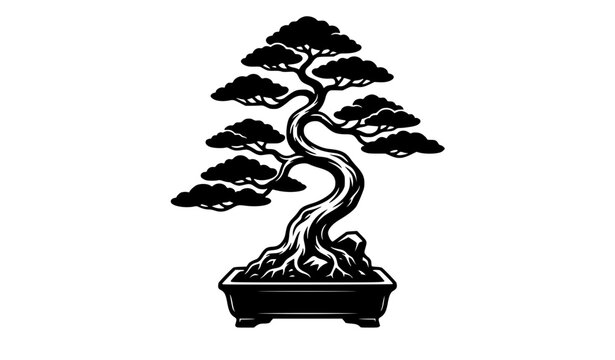 Traditional Japanese bonsai tree silhouette vector illustration showing curved trunk and layered foliage in ceramic pot for zen decoration meditation and eastern philosophy.