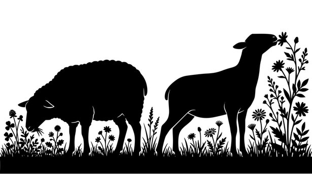 Two sheep grazing and eating flowers in a meadow border countryside farm landscape abstract animal nature silhouette vector illustration