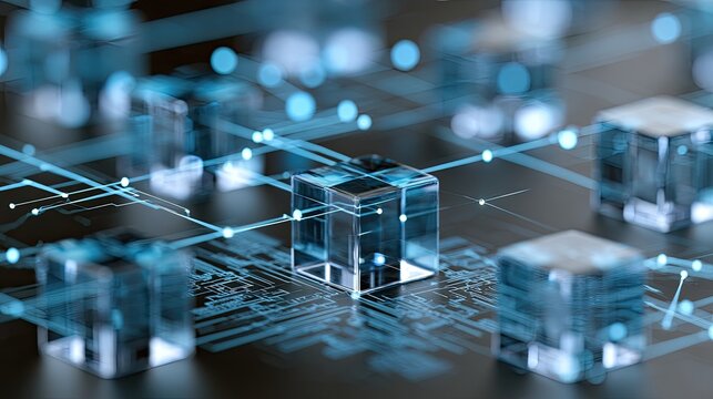 Abstract transparent cubes connected by glowing blue digital network lines