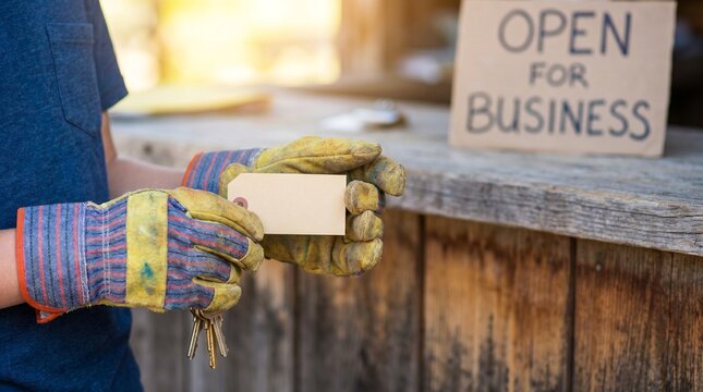 Small business owner holding keys and blank tag with open for business sign, entrepreneur starting new venture, commercial property concept