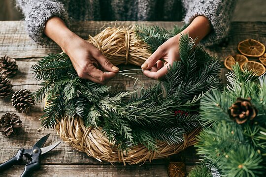Close up of craftsman hands creating Christmas wreath with pine cones and dried oranges on rustic wooden table