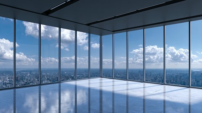 Empty, sunlit corner office with panoramic city views and reflective floor