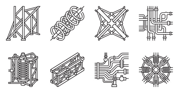 Mechanical parts and engineering concepts schematic icons set for technology and industry.