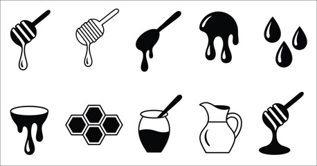 Honey dripping icon set with honey dipper, honeycomb, sweet liquid drops, beekeeping symbols, natural food elements, and black vector graphics, designs © Vector Creator