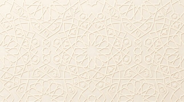 Islamic geometric pattern on cream paper texture, elegant embossed arabesque background, traditional middle eastern ornamental motif for ramadan and eid