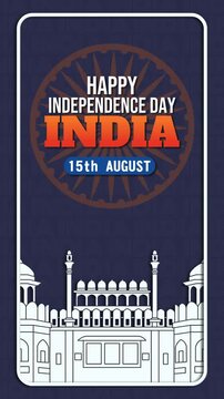 Vertical India Independence Day loop video in flat layered style, featuring a white Red Fort silhouette and spinning Ashoka Chakra with text over a dark teal mobile story backdrop.