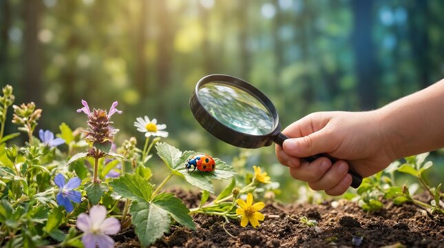 Young child exploring nature with magnifying glass observing ladybug on leaf in sunny garden, concept of childhood curiosity and science education
