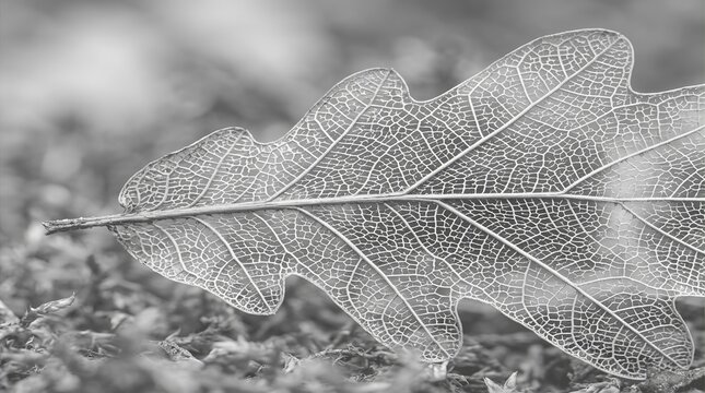 Monochrome oak leaf macro, detailed leaf vein texture on forest floor, black and white botanical nature photography for background use