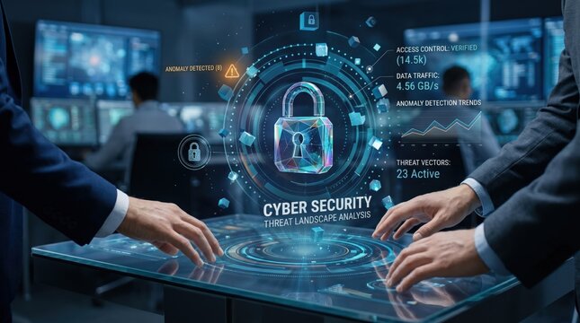 Cyber security threat landscape analysis on futuristic holographic interface, hands interacting with digital lock icon, anomaly detection trends graph, access control verified s...