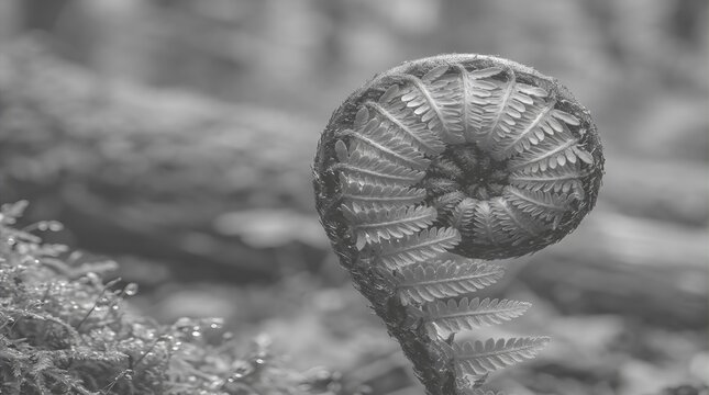 Monochrome fern fiddlehead close up, coiled young fern leaf in black and white, spiral botanical pattern in forest, natural growth and symmetry