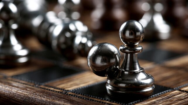 Close-up of a metallic chess pawn on a wooden chessboard.