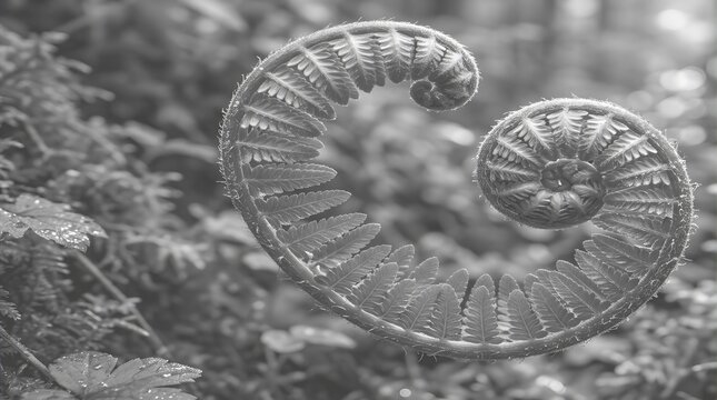 Monochrome fern fiddlehead spiral, artistic black and white coiled young fern leaf, macro nature photography of botanical koru pattern