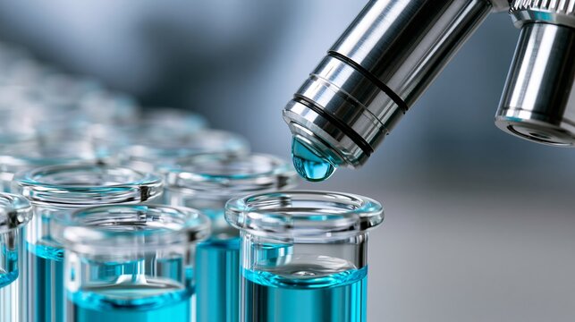 Close-up of a pipette dripping blue liquid into test tubes.