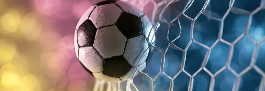 Soccer ball caught in net, with bokeh lights in yellow, pink, and blue