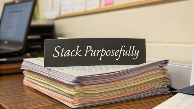 Organized Stack of Papers with Sign Encouraging Purposeful Stacking for Efficient Work and Productivity in Office Environment