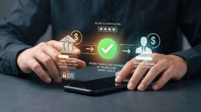 Secure mobile banking transaction on smartphone with holographic interface showing source and recipient accounts, green checkmark authentication symbol, digital finance and fint...