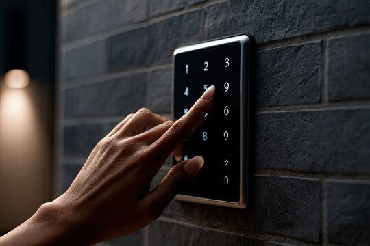 Finger presses buttons on a lit security keypad mounted on a dark brick wall