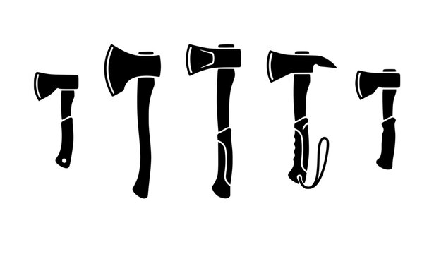 Lumberjack felling axes tactical hatchets and survival tomahawks solid silhouette icons set featuring diverse woodwork hardware equipment vector illustration