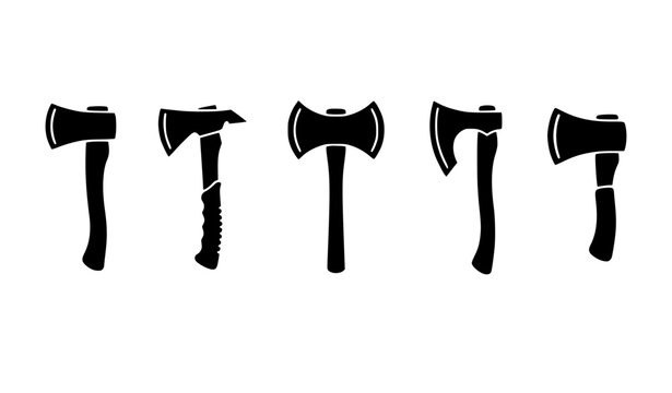 Lumberjack axes hatchets and double bit felling tool solid silhouette icons set featuring diverse carpentry hardware equipment vector illustration