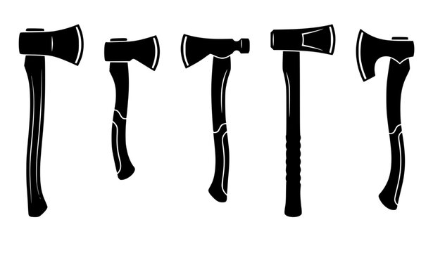Set of vintage axes hatchets and tomahawks solid silhouette icons collection featuring diverse lumberjack tools woodwork equipment vector illustration