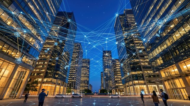 Futuristic smart city with glowing digital network connections between skyscrapers at night, representing IoT, 5G technology, urban connectivity and digital transformation of mo...